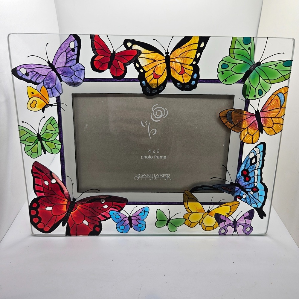 Vintage Joan Baker Designs Butterfly Glass 4x6 Photo Frame Colorful Hand Painted